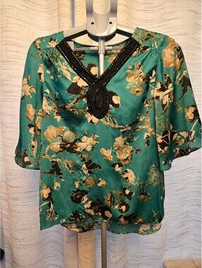 NY Collection Teal Floral Blouse Women's Medium Beaded V-Neck 3/4 Sleeve Sheer